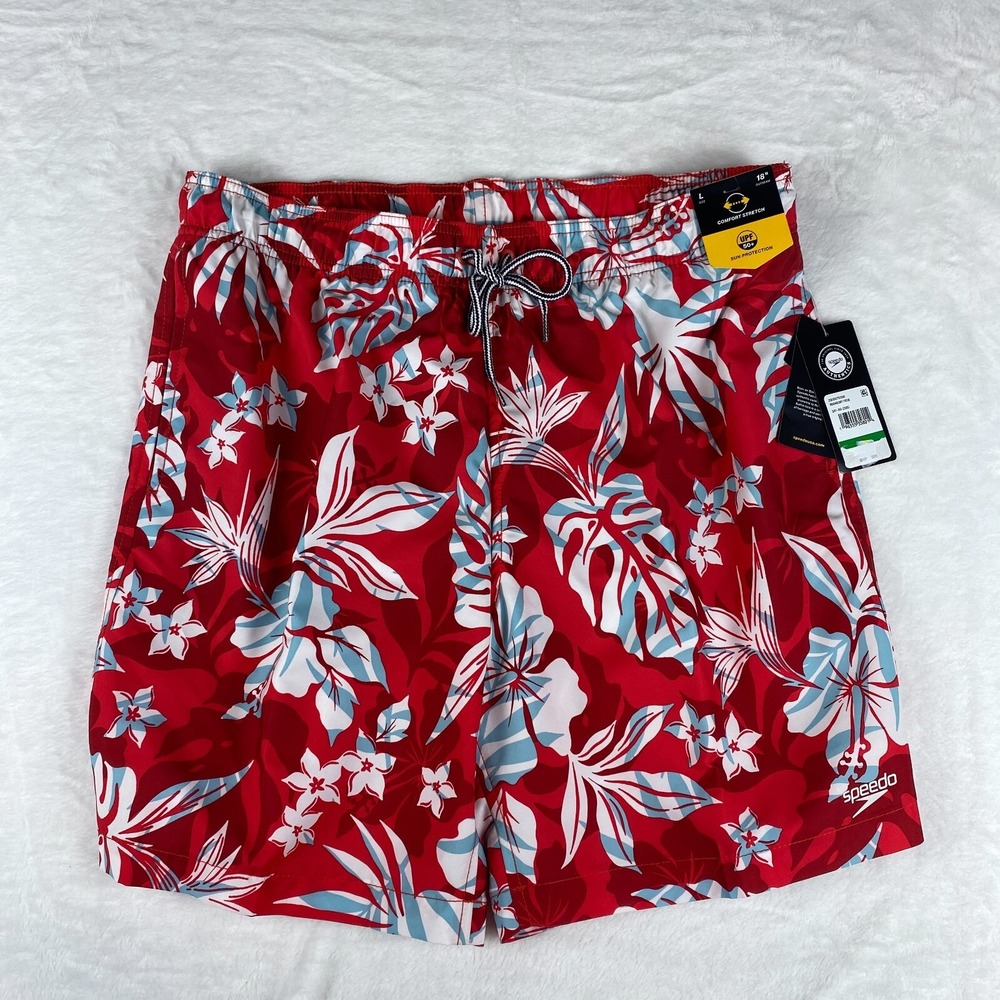 Speedo Swim Shorts Mens Large Coral Red Floral Print 7" Inseam Comfort Stretch